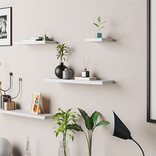 Flexi Storage Decorative Shelving Floating Shelf White Matt 900 x 240 x 38mm fitted on wall with decorations on top