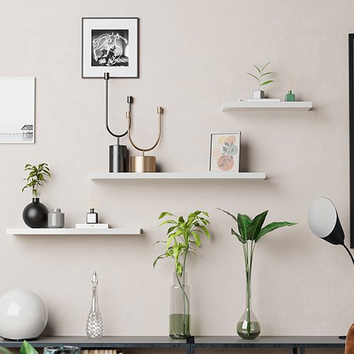 Flexi Storage Decorative Shelving Floating Shelf White Gloss 600 x 240 x 38mm fitted on wall with decorations on top