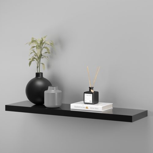 Flexi Storage Decorative Shelving Floating Shelf Black Gloss 900 x 240 x 38mm fitted on wall with decorations on top