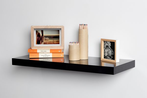 Flexi Storage Decorative Shelving Floating Shelf Black Gloss 600 x 240 x 38mm fitted on wall with decorations on top