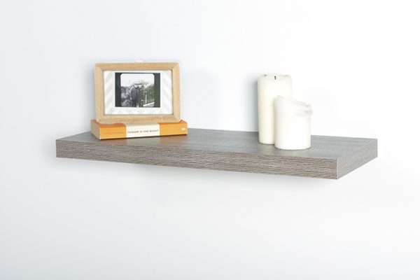 Flexi Storage Decorative Shelving Floating Shelf Grey Oak 600 x 240 x 38mm fitted on wall with decorations on top
