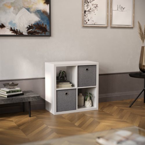 Flexi Storage Clever Cube Premium Fabric Insert Woven Silver fitted inside Clever Cube 2x2 Unit White in lounge room