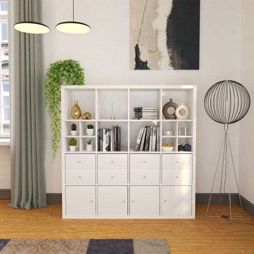 Flexi Storage Clever Cube 4 x 4 Cube White Storage Unit filled with Clever Cube Inserts, books and and decorative pieces in a living room