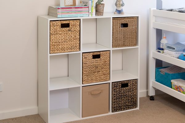Flexi Storage Clever Cube Compact Insert Coffee inserted into 3x3 Unit White in kids bedroom