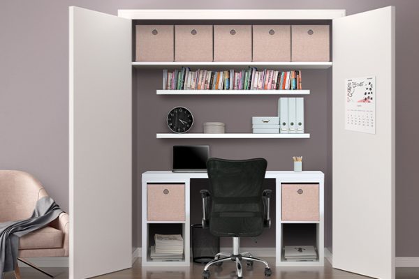 Flexi Storage Clever Cube Premium Fabric Insert Blush Pink fitted inside Clever Cube Units and on a shelf in study nook