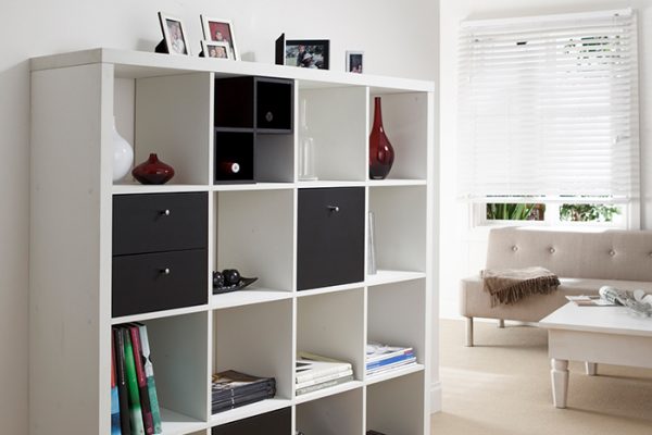 Flexi Storage Clever Cube Timber Insert Divider Black fitted inside Clever Cube 4x4 Unit White in lounge room