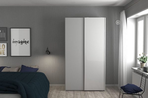 Flexi Storage Wardrobe 2 Door Sliding Wardrobe Frame White in bedroom fitted with High Gloss White Doors