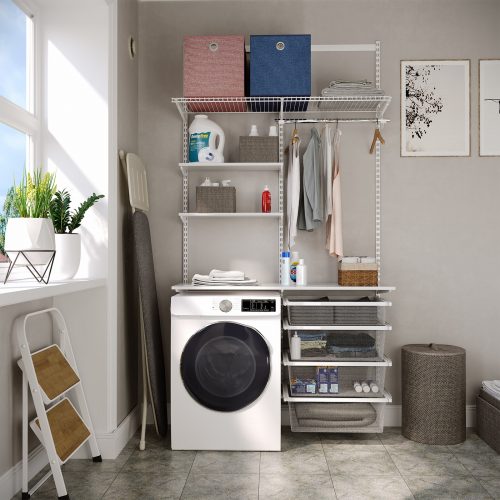 Flexi Storage Home Solutions Timber Shelf White 600x250x16mm mounted on Home Solutions Double Slot System and used as shelving setup in a laundry