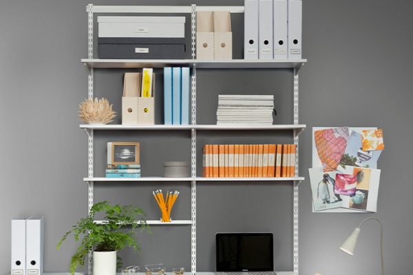 Flexi Storage Home Solutions Double Slot Wall Strip White installed on wall and combined with Home Solutions products to create home office storage