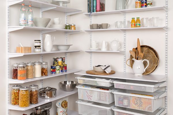 Flexi Storage Home Solutions Timber Shelf White 596x360x16mm mounted on Home Solutions Double Slot System and used as shelving in a pantry
