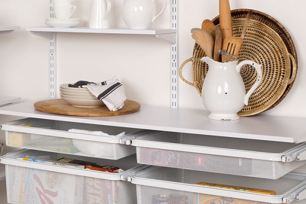 Flexi Storage Home Solutions Timber Shelf White 596x430x16mm mounted on Home Solutions Double Slot System and used as shelving in a pantry