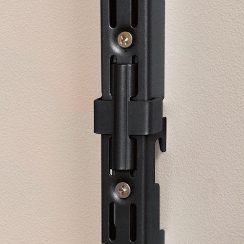 Flexi Storage Home Solutions Double Slot Wall Strip Joiners Black installed on wall with Double Slot Wall Strips joined