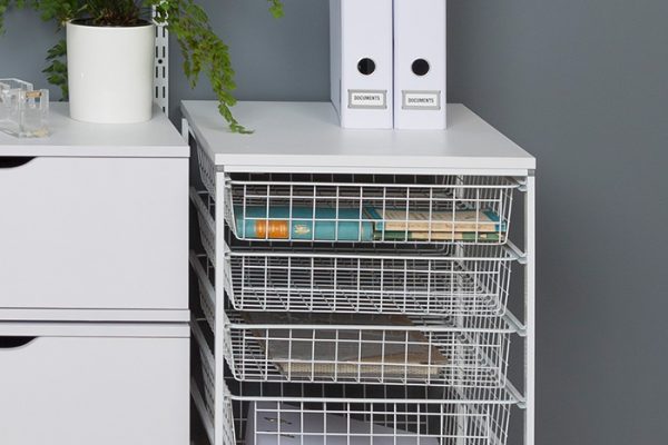 Flexi Storage Home Solutions Full Width Wire Basket 1 Runner 85mm fitted to Home Solutions Runner Frame system in a office setup