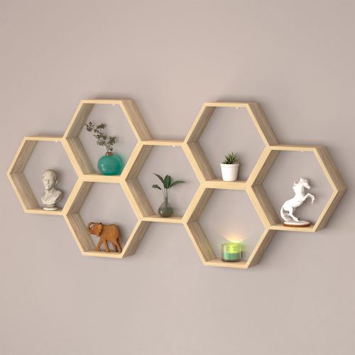 Flexi Storage Decorative Shelving Hexagonal Wall Shelf Oak installed on wall in office setup
