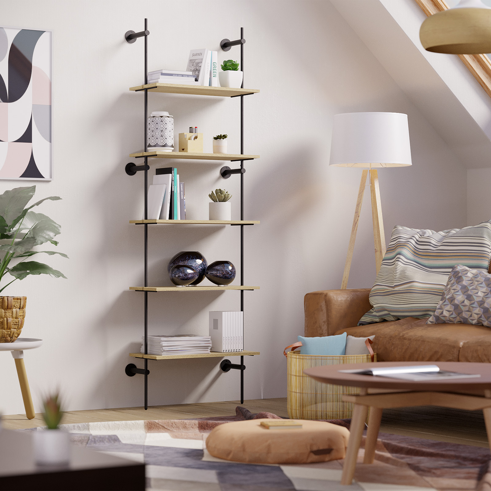Wall Black & Oak 1 Bay 5 Shelf Kit Flexi Storage